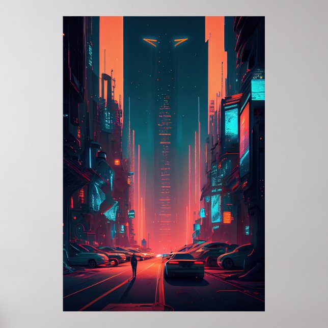 Poster Cidade Futurística - Cyberpunk - Neon - Ilustração (Frente)