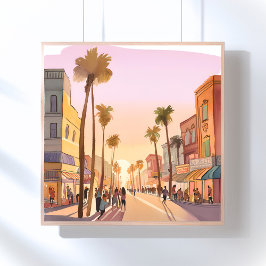 Poster Cidade Litorânea ao Pôr do Sol | Aquarela de Palme