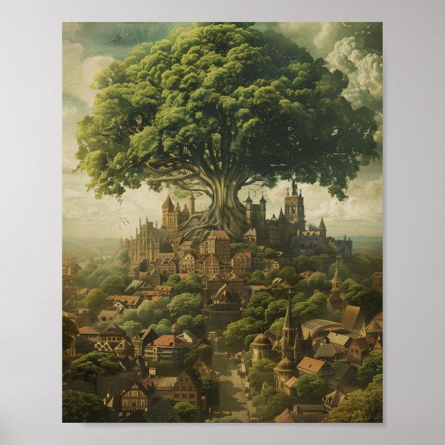 Poster Cidade Medieval com Árvore Gigante (Frente)