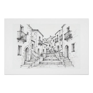 Pôster Cidade Mediterrânea Arte Caneta