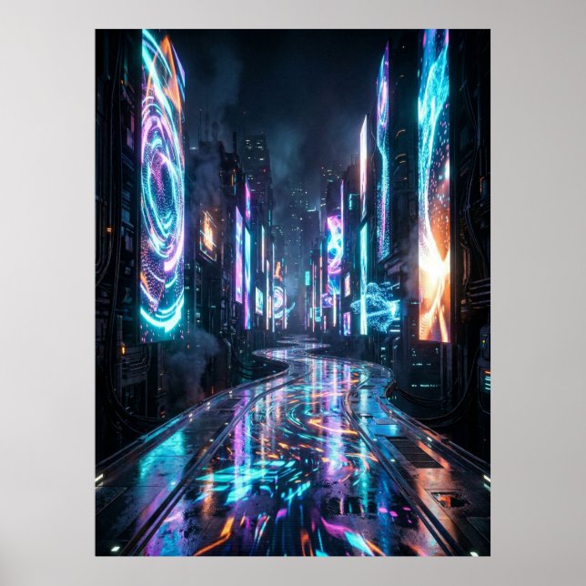 Poster Cidade Neon Cyberpunk Estrada do Futuro (Frente)