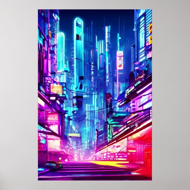 Poster Cidade Neon Futurística Cyberpunk (Frente)