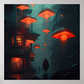 Poster Cidade noturna asiática com lanternas vermelhas Ar