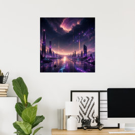 Poster Cidade Paisagem Urbana Fantasia Roxa Arte de Pared