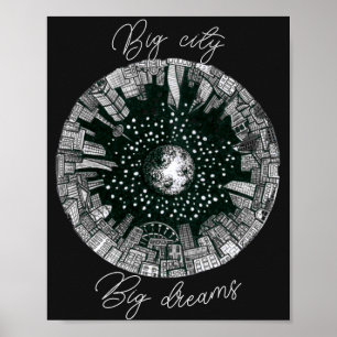 Poster Cidade panorâmica em preto e branco sob a Lua