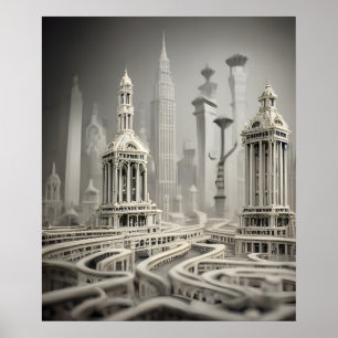 Poster Cidade Surreal Monocromática da Cinza Bizarra