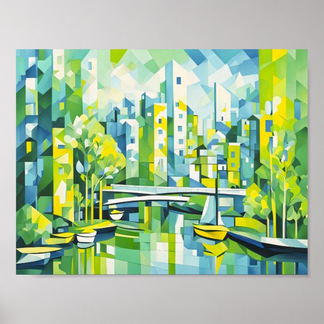 Poster Cidade Verde Cubista com Ponte (Frente)