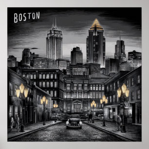 Poster Cidade Vintage América Panorama de Boston, Boston