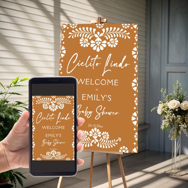 Poster Cielito lindo terracotta chá de fraldas sinal de b (Cielito lindo terracotta Mexican fiesta papel picado baby shower welcome sign poster template)