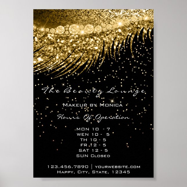 Poster Cílios Maquiagem Horário de Funcionamento Dourado  (Frente)
