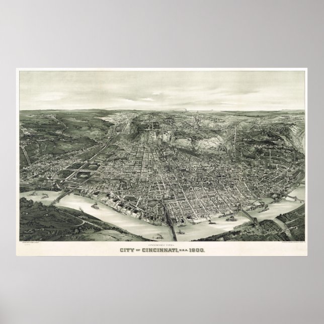Poster Cincinnati birdseye map - 1900 (Henderson) BigMapB (Frente)