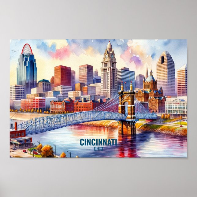 Poster Cincinnati Ohio Familiar Viagem coloca aquarela (Frente)