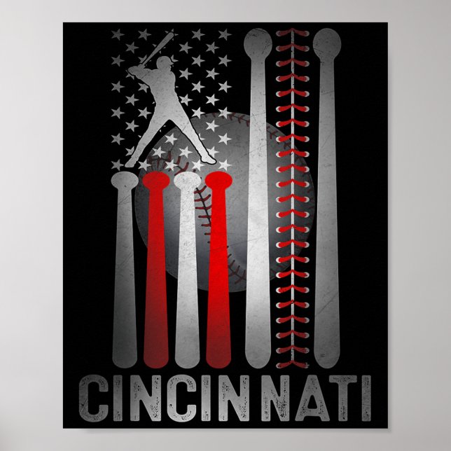 Poster Cincinnati Retro Baseball Sobrevoou A Bandeira Dos (Frente)