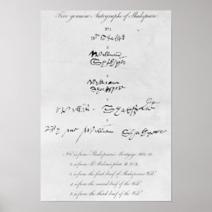 Pôster Cinco autógrafos genuínos de William Shakespeare