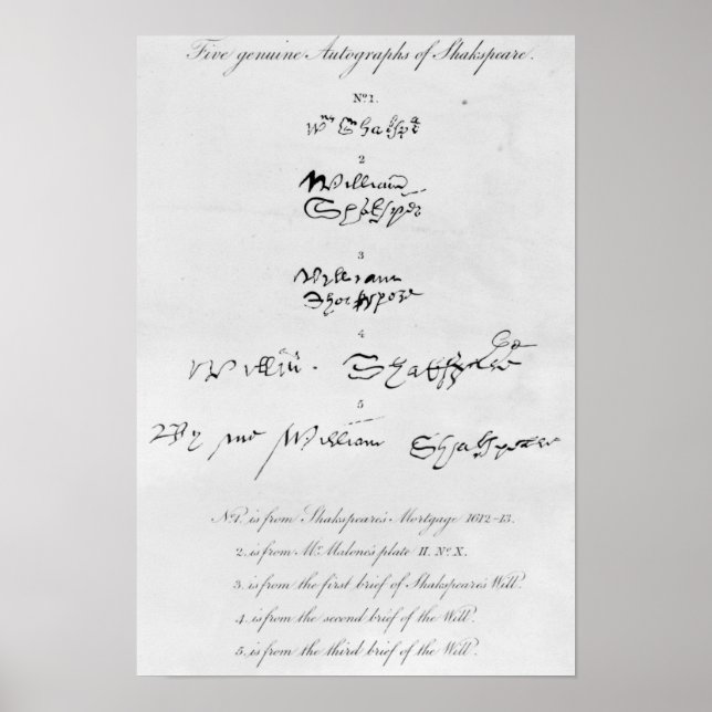 Pôster Cinco autógrafos originais de William Shakespeare (Frente)