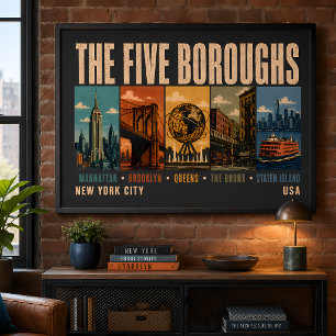 Poster Cinco Bairros Nova York NYC Ilustração Retro