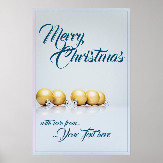 Poster Cinco bolas de natal de ouro - escrevendo azul (Frente)