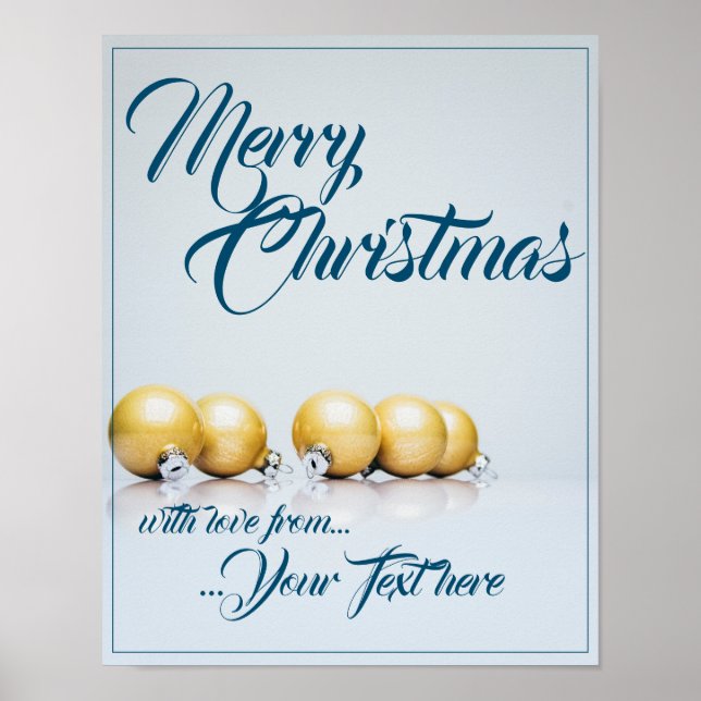 Poster Cinco bolas de natal de ouro - escrevendo azul (Frente)