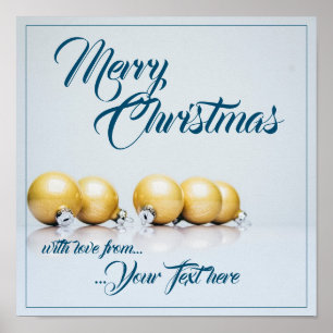 Poster Cinco bolas de natal de ouro - escrevendo azul