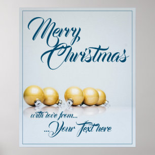 Poster Cinco bolas de natal douradas - escrita azul
