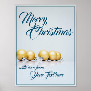 Poster Cinco bolas de natal douradas - escrita azul