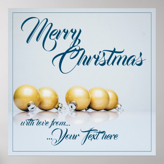 Poster Cinco bolas de natal douradas - escrita azul (Frente)
