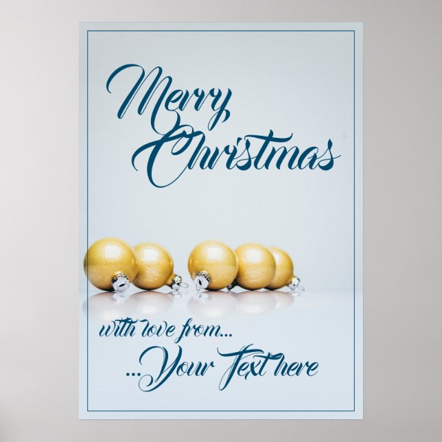 Poster Cinco bolas de natal douradas - escrita azul (Frente)