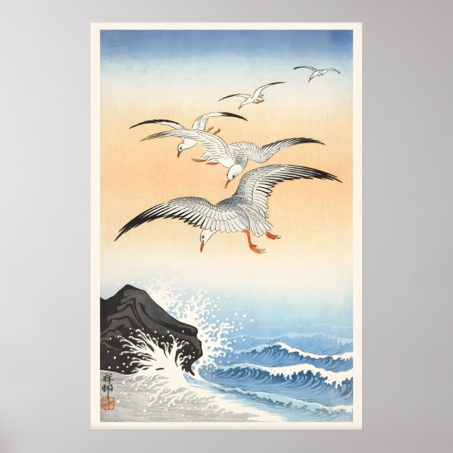 Poster Cinco Gaivotas Acima do Mar Turbulento Japonês Fin (Frente)