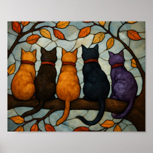 Poster Cinco Gatos em um Galho de Árvore Estilo Vidro Col