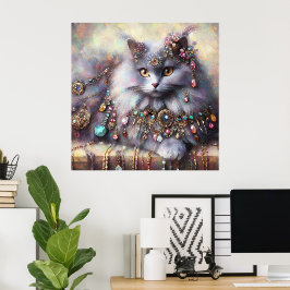 Poster Cinza de cabelo longo, Nebelung Cat Gatinho com Jo