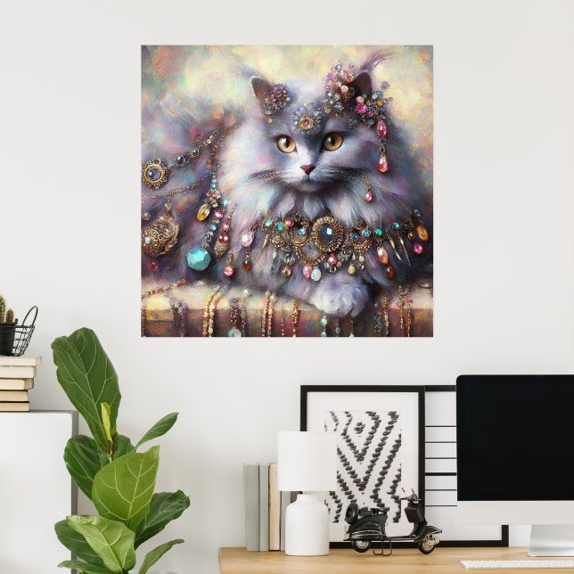 Poster Cinza de cabelo longo, Nebelung Cat Gatinho com Jo (Escritório em casa)