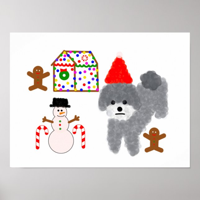 Poster Cinza de Poodle Natal #1-2 (Frente)