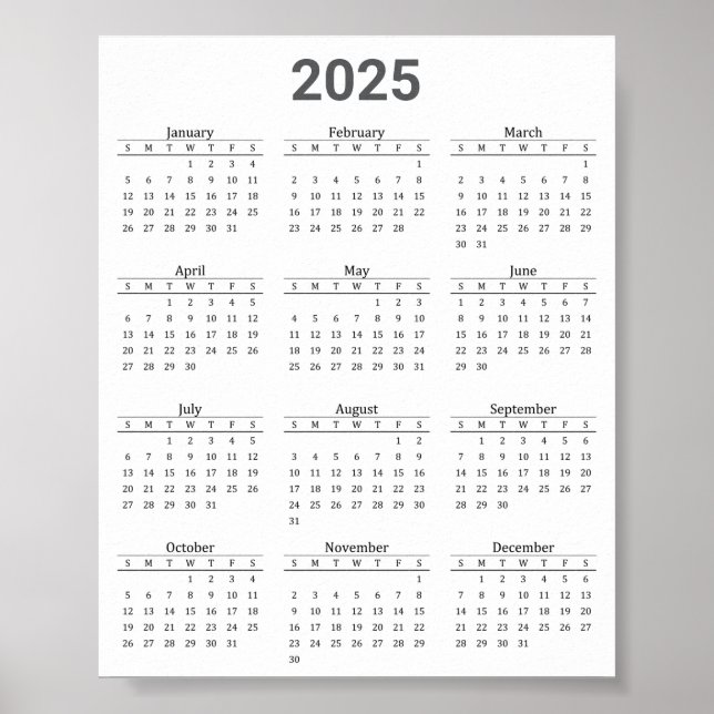 Poster Cinza e calendário geral 2025 (Frente)