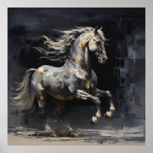 Poster Cinza Elegante com Cavalo Barroco Dourado