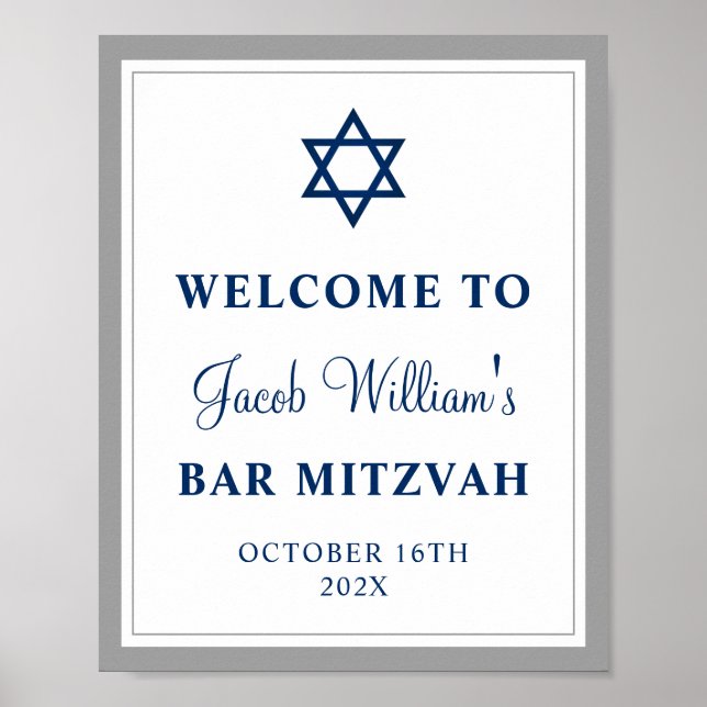 Poster Cinza Elegante e Bar Azul Marinho Mitzvah Boas-vin (Frente)