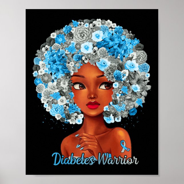 Poster Cinza Flores Azuis Afro Cabelo Preto Diabetes W (Frente)