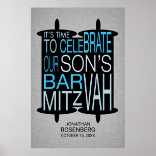 Poster Cinza moderno de Torah Bar Mitzvah e Azul