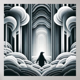 Poster Cinza Monocromática Lovey Baby Penguin Art Deco