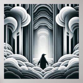 Poster Cinza Monocromática Lovey Baby Penguin Art Deco