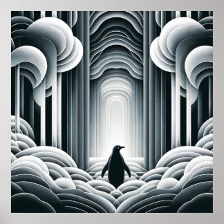 Poster Cinza Monocromática Lovey Baby Penguin Art Deco