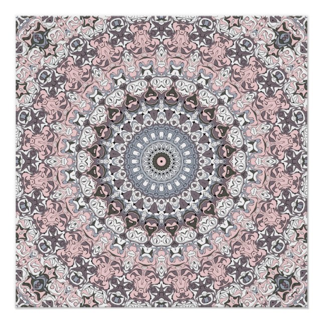 Pôster Cinza rosa e padrão branco de Mandala (Frente)
