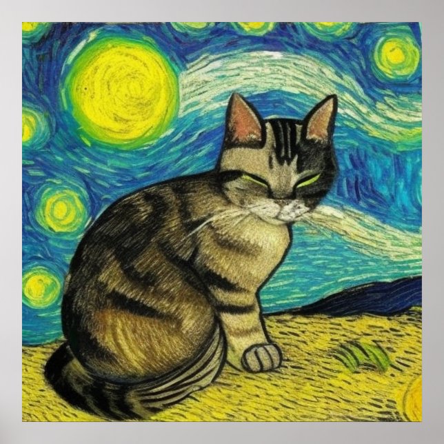 Poster Cinza Tablet Cat Starry Night Trabalho de arte Van (Frente)