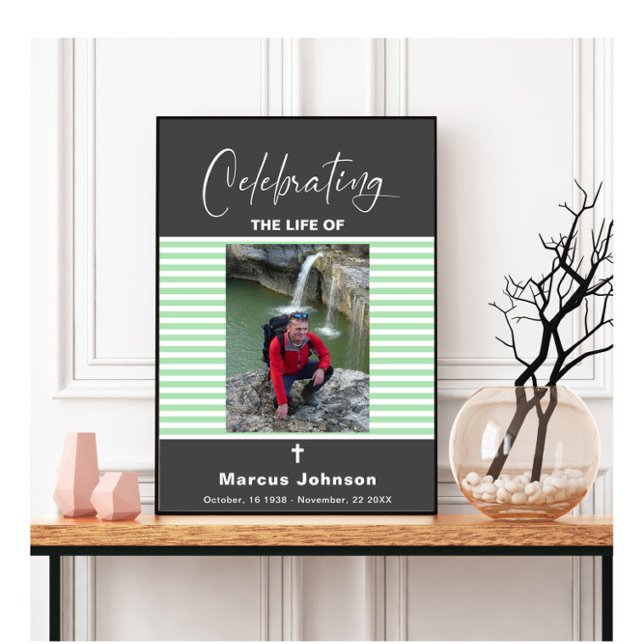 Poster Cinza Verde Stripes Celebrando a Vida Funeral (Criador carregado)