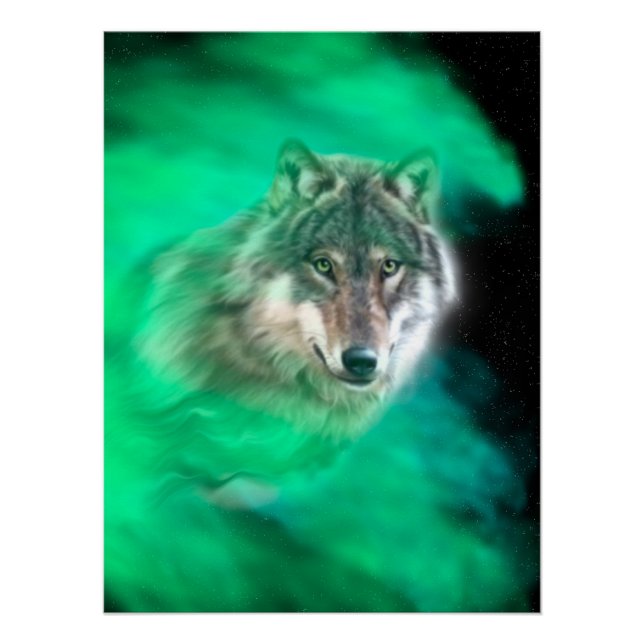Pôster Cinza Verde Wolf Spirit Poster brilhante (Frente)