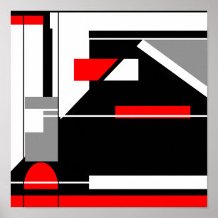 Poster Cinza Vermelha Design Preta, Geométrica Branca, d