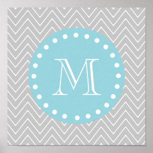 Pôster Cinzas & monograma moderno azul do costume de