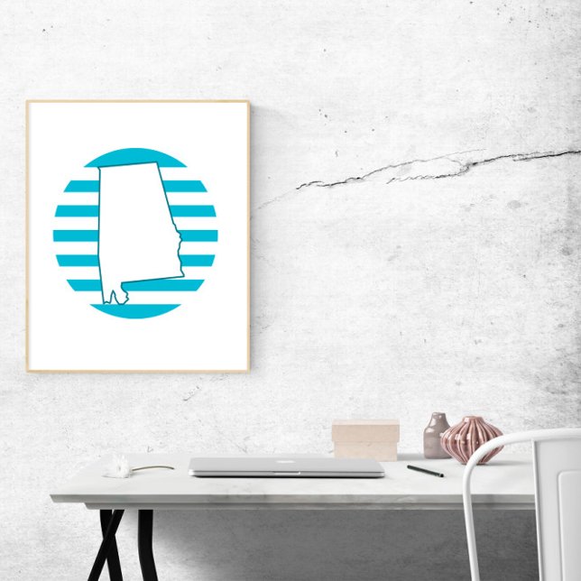 Poster Circular Retroativo do Estado do Alabama, EUA (A poster featuring the state outline of Alabama and a blue retro circle)