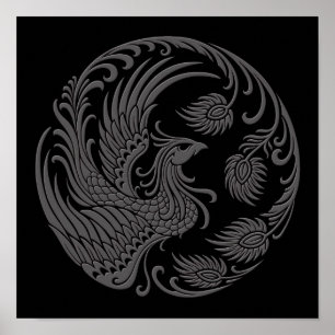 Pôster Círculo cinzento tradicional de Phoenix no preto