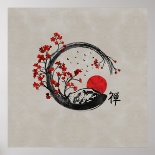 Poster Círculo de Enso do zen e ramos de Sakura