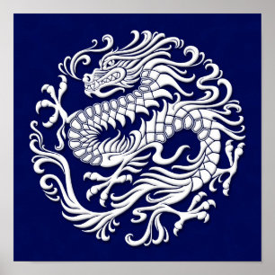 Pôster Círculo Tradicional do Dragão Chinês Branco e Azul